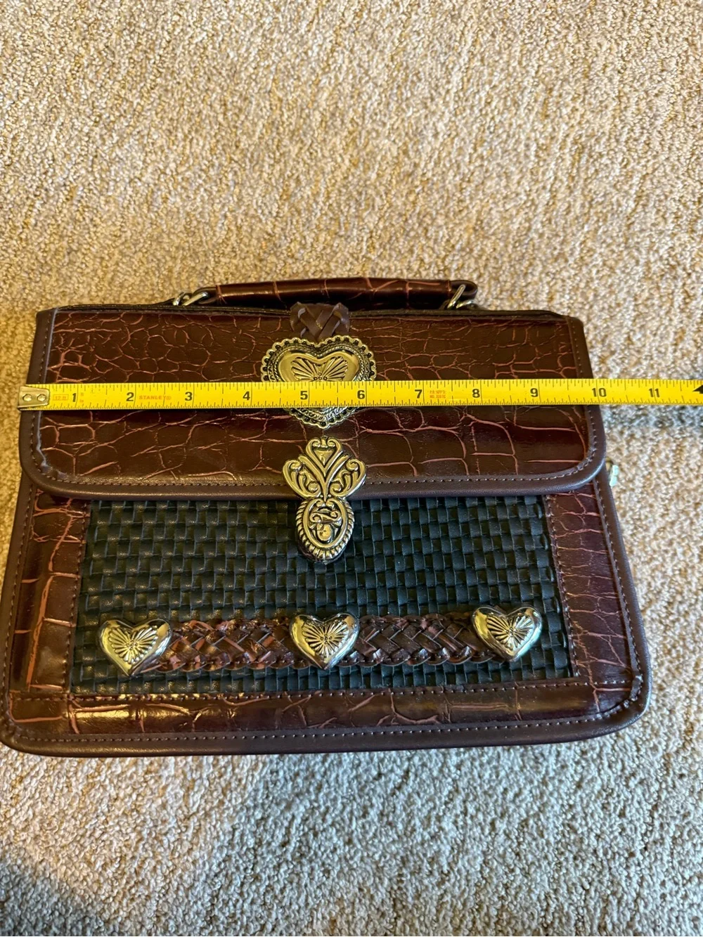 Brighton Brown and Black Croc-Embossed Satchel with Gold Heart Accents